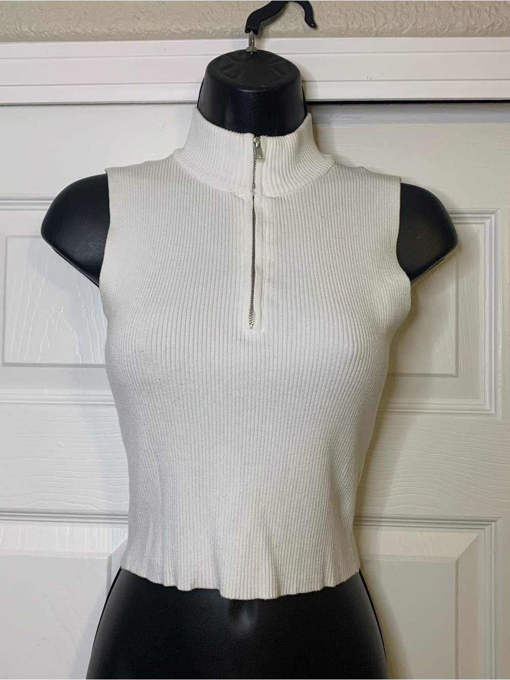 Forever 21 White Ribbed Half Zip Mock Neck Top